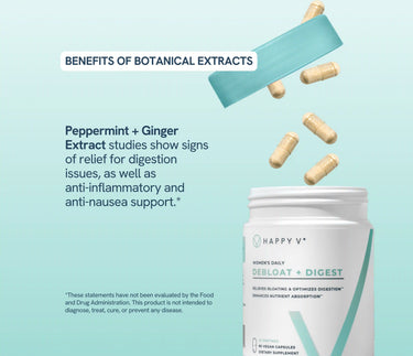 Happy V Debloat + Digest bottle with capsules and text about peppermint and ginger extract benefits.