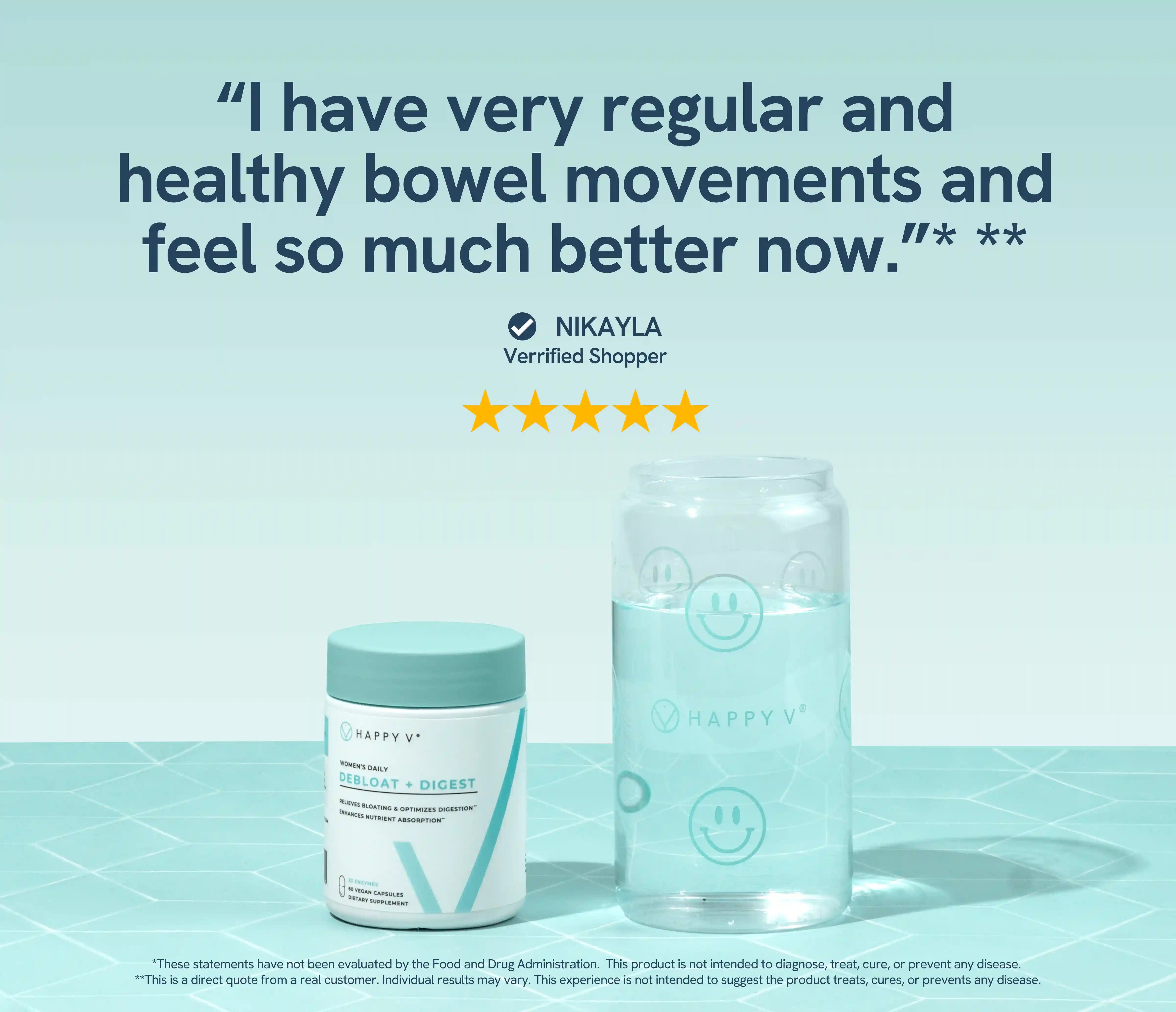 Happy V supplement bottle beside a glass of water and positive customer review card.