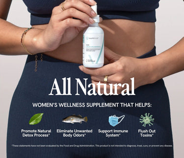 Happy V women's wellness supplement bottle held by a woman in a blue outfit.