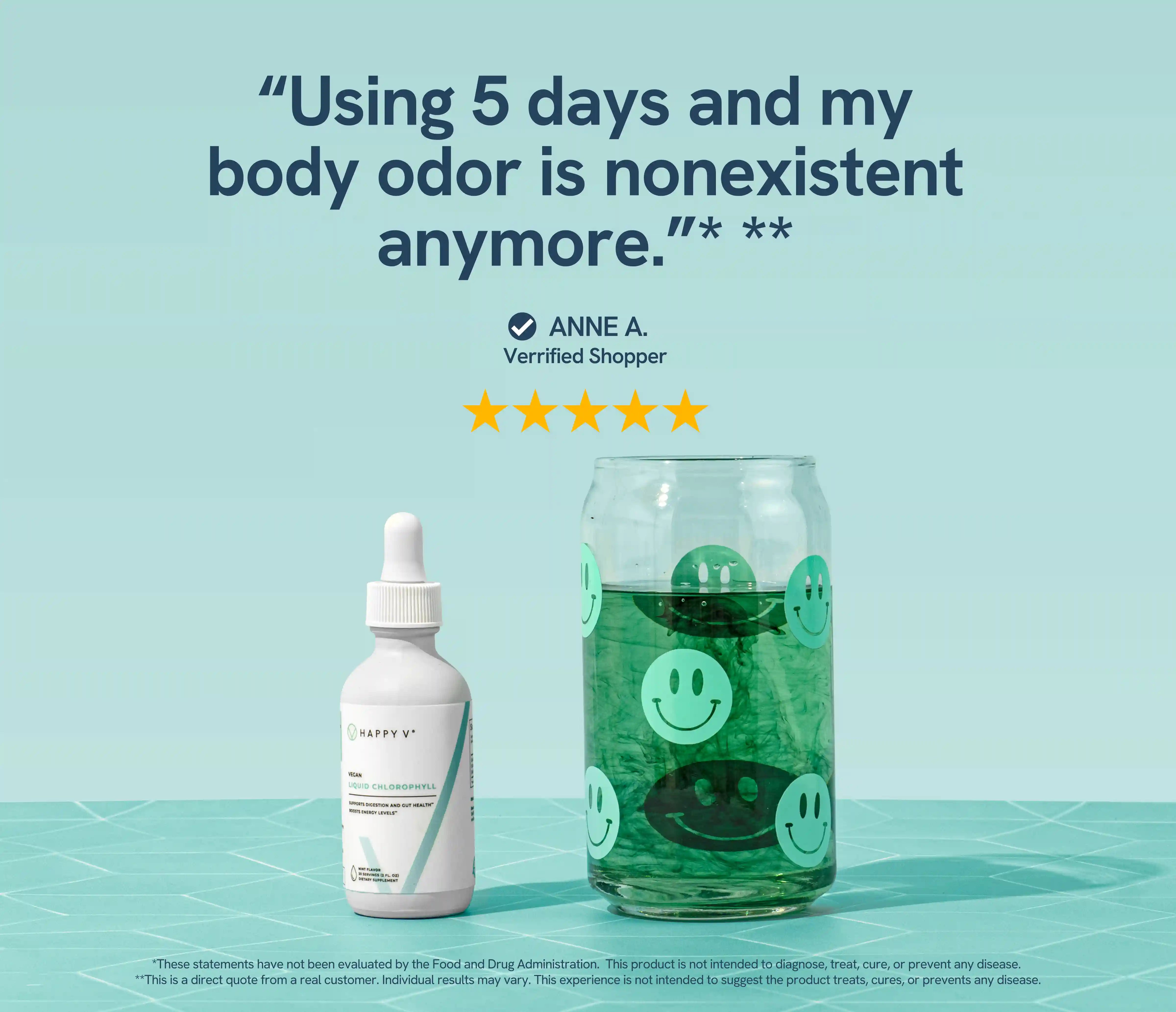 Happy V product bottle with a glass of water and smiley face stickers on a blue background.