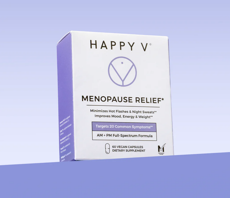 Box of Happy V Menopause Relief capsules featuring a clean design and health-focused labeling.