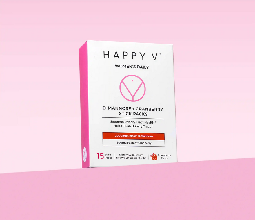Happy V D-Mannose + Cranberry stick packs for urinary tract health with 15 sticks in a pink box.