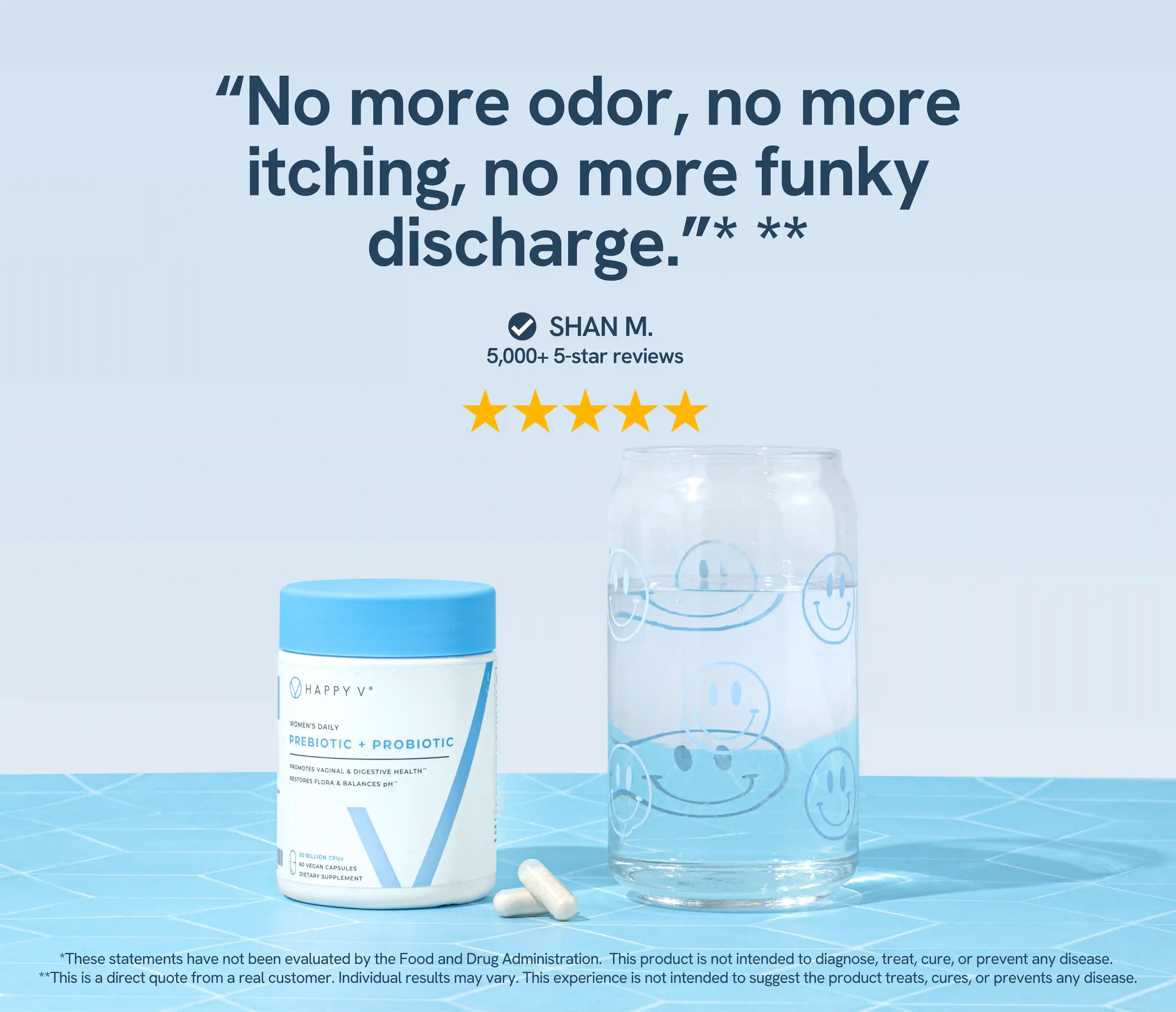 Happy V probiotic bottle with a quote and five-star reviews on a light background.