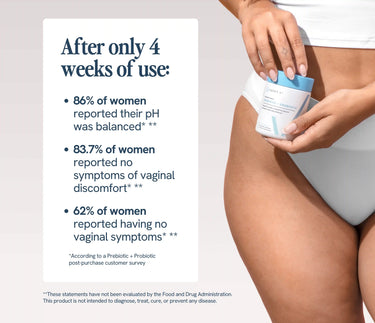 Woman holding a Happy V supplement bottle, showcasing usage statistics for women's wellness.