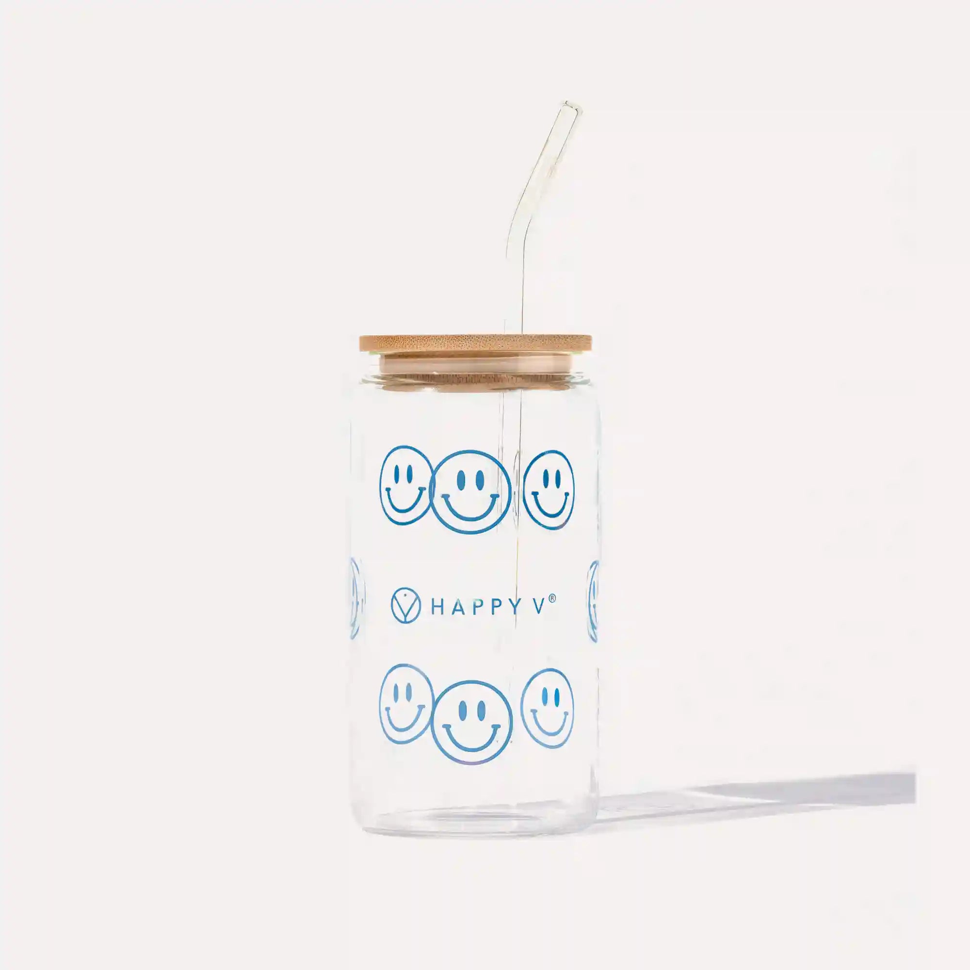 Happy V glass jar with smiley face design, featuring a bamboo lid for feminine wellness.