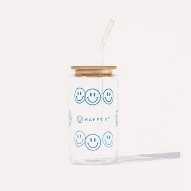 Happy V glass jar with smiley face design, featuring a bamboo lid for feminine wellness.