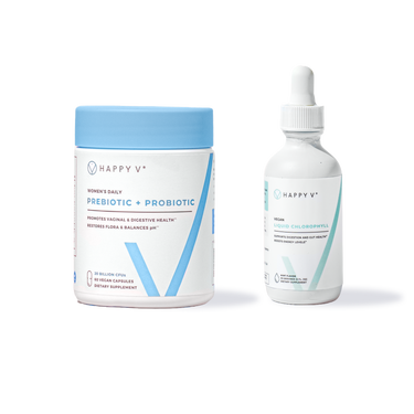 Happy V prebiotic and probiotic bottle next to liquid chlorophyll dropper on transparent background.