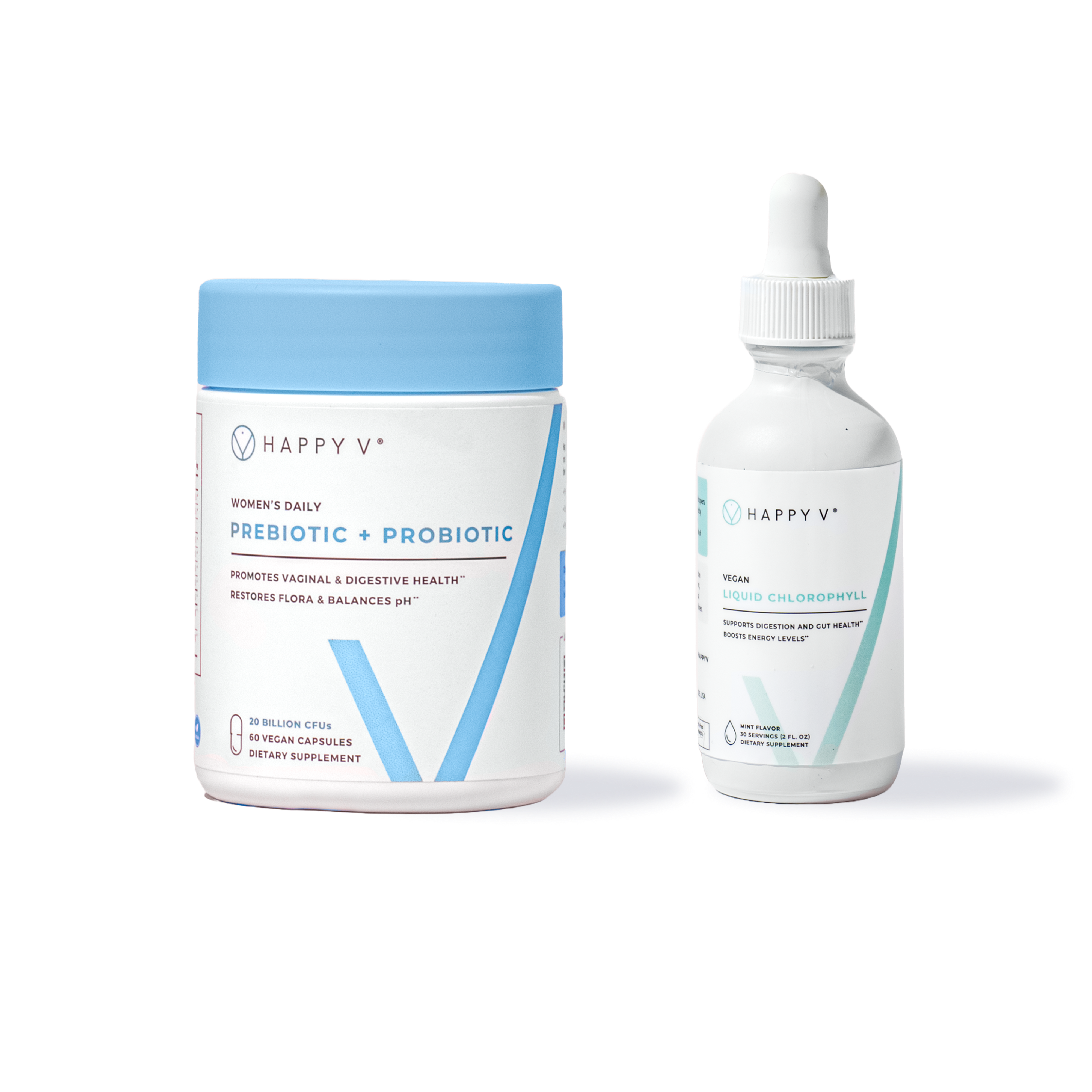Happy V prebiotic and probiotic bottle next to liquid chlorophyll dropper on transparent background.