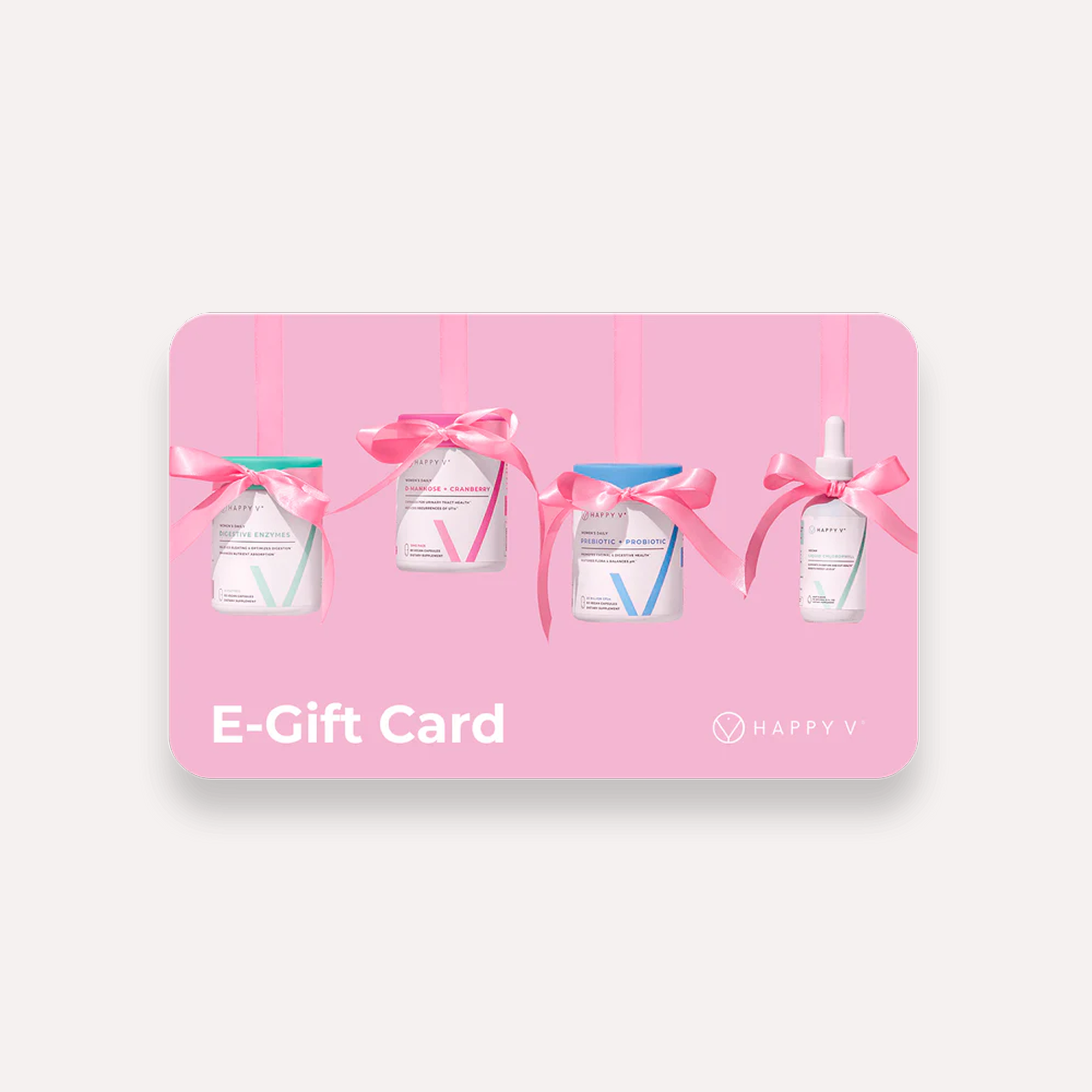 E-Gift card featuring Happy V products with pink ribbons on a pink background.