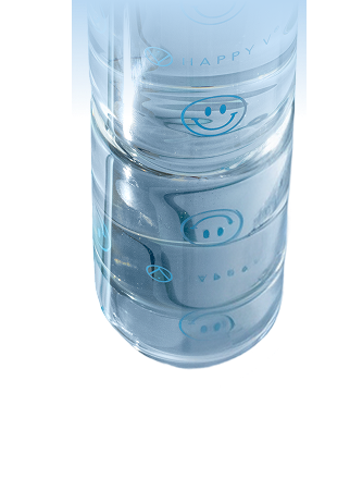 Clear water bottle featuring the Happy V logo and a smiling face design, emphasizing women's health.