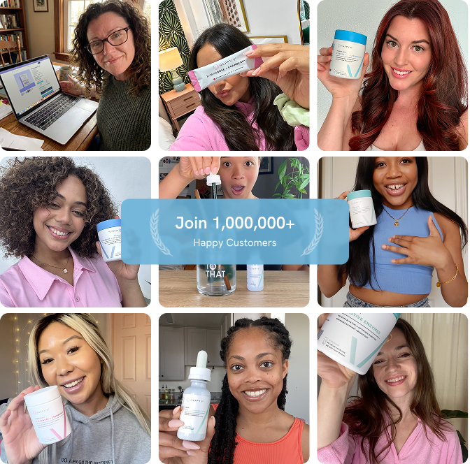Collage of women holding Happy V wellness products, showcasing their commitment to women's health.