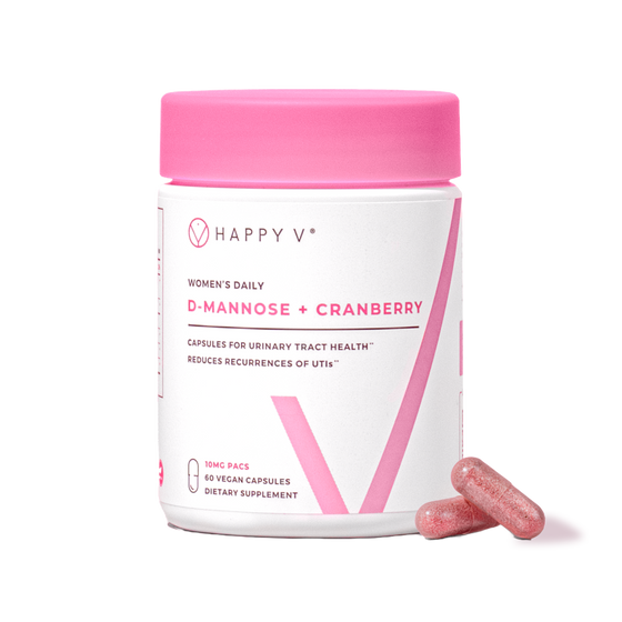 Happy V D-Mannose + Cranberry supplement bottle with scattered capsules for urinary health.