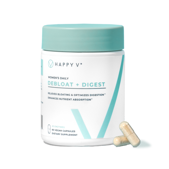 Happy V Debloat + Digest supplement bottle with capsules for gut and digestive health.