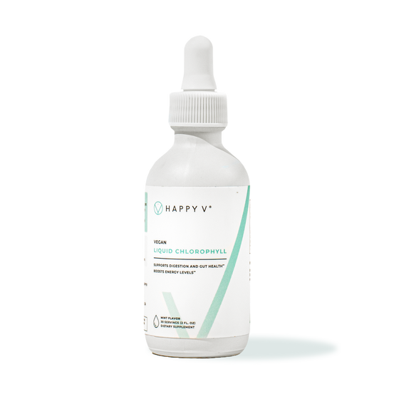 Happy V vegan liquid chlorophyll bottle with clean, minimalist packaging for women's wellness.