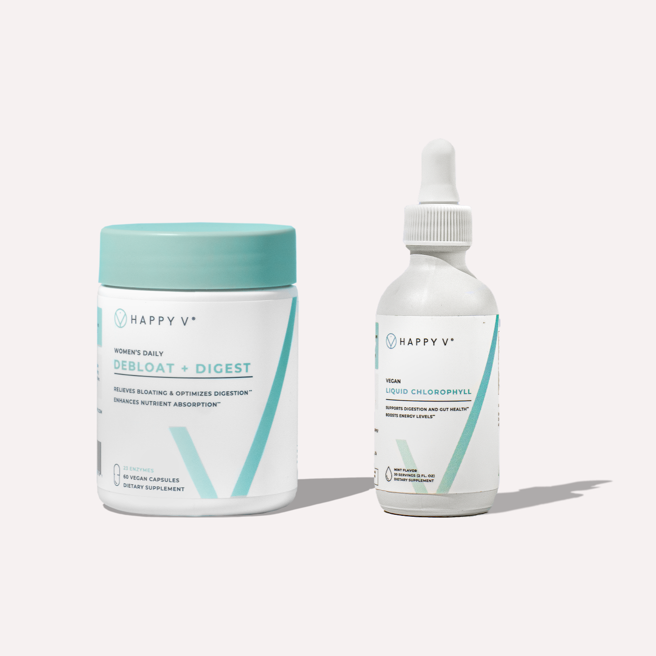 Happy V Debloat + Digest and Liquid Chlorophyll bottles on white background.