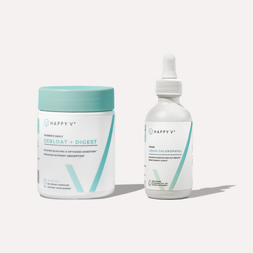 Happy V Debloat + Digest and Liquid Chlorophyll bottles on white background.