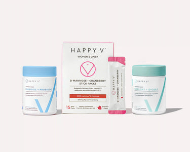 Happy V supplement collection displayed on a clean white background, highlighting feminine wellness.