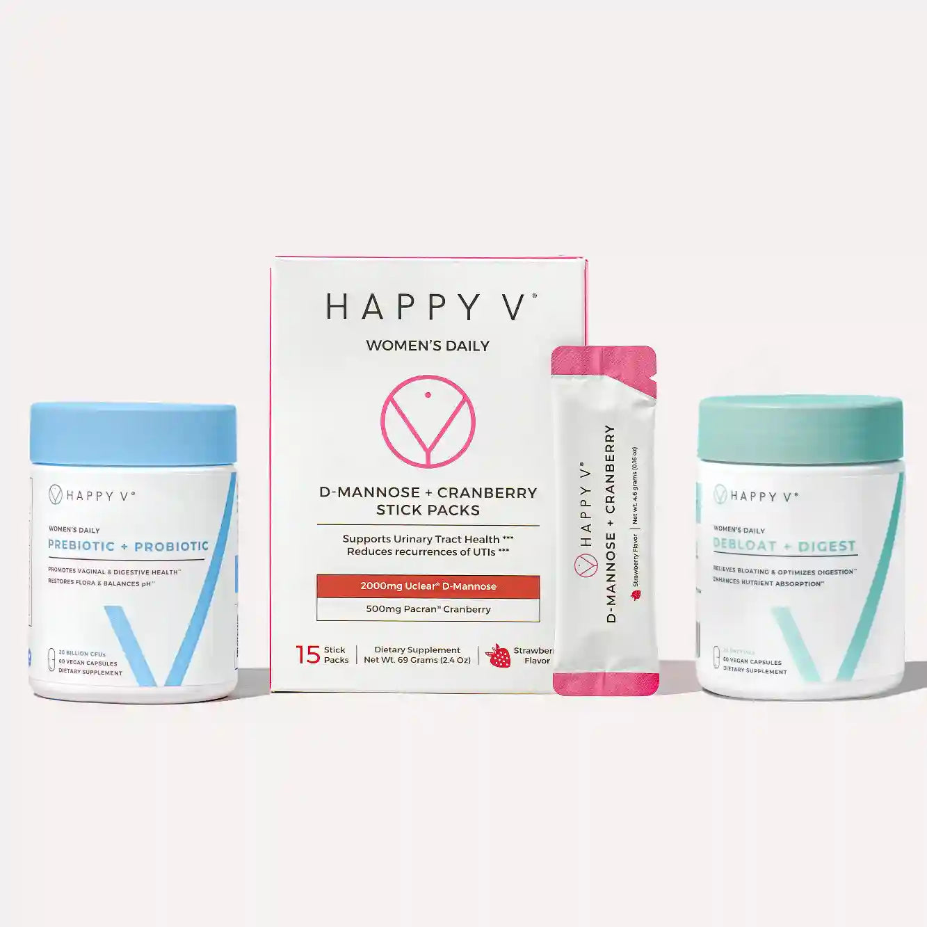 Happy V supplements and stick packs on light background, highlighting clean design.