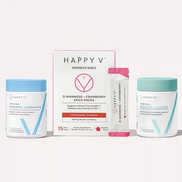 Happy V supplements and stick packs on light background, highlighting clean design.