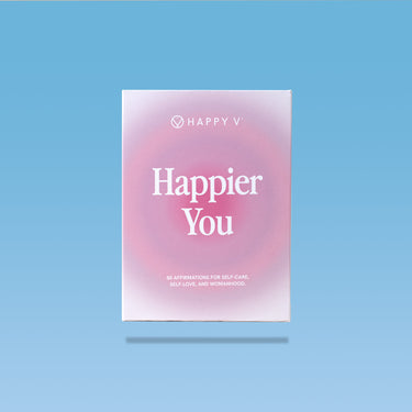 Happy V "Happier You" affirmation box with clean design on a vibrant blue background.