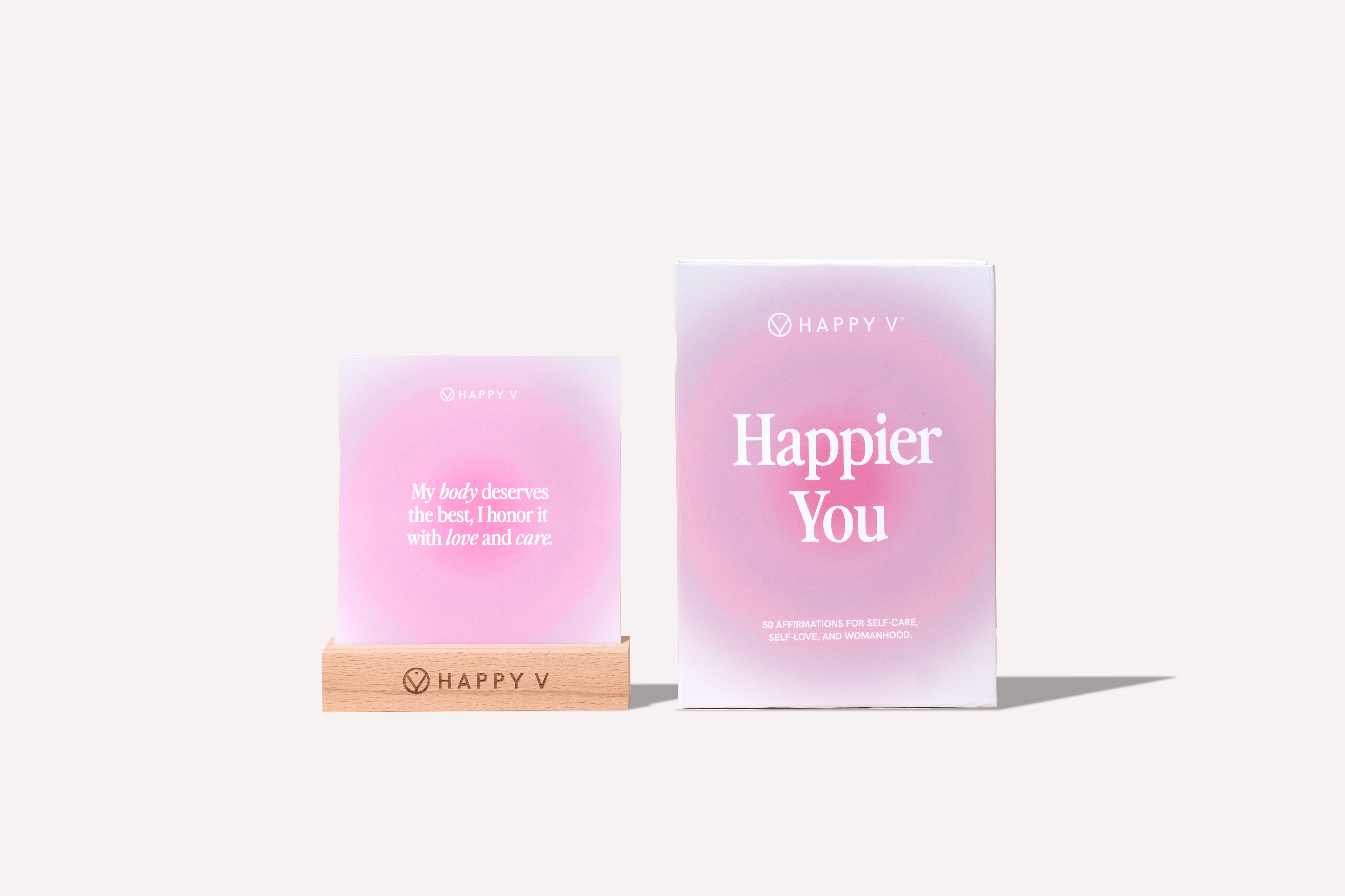 Happy V affirmation cards for women's wellness displayed on a pink background.