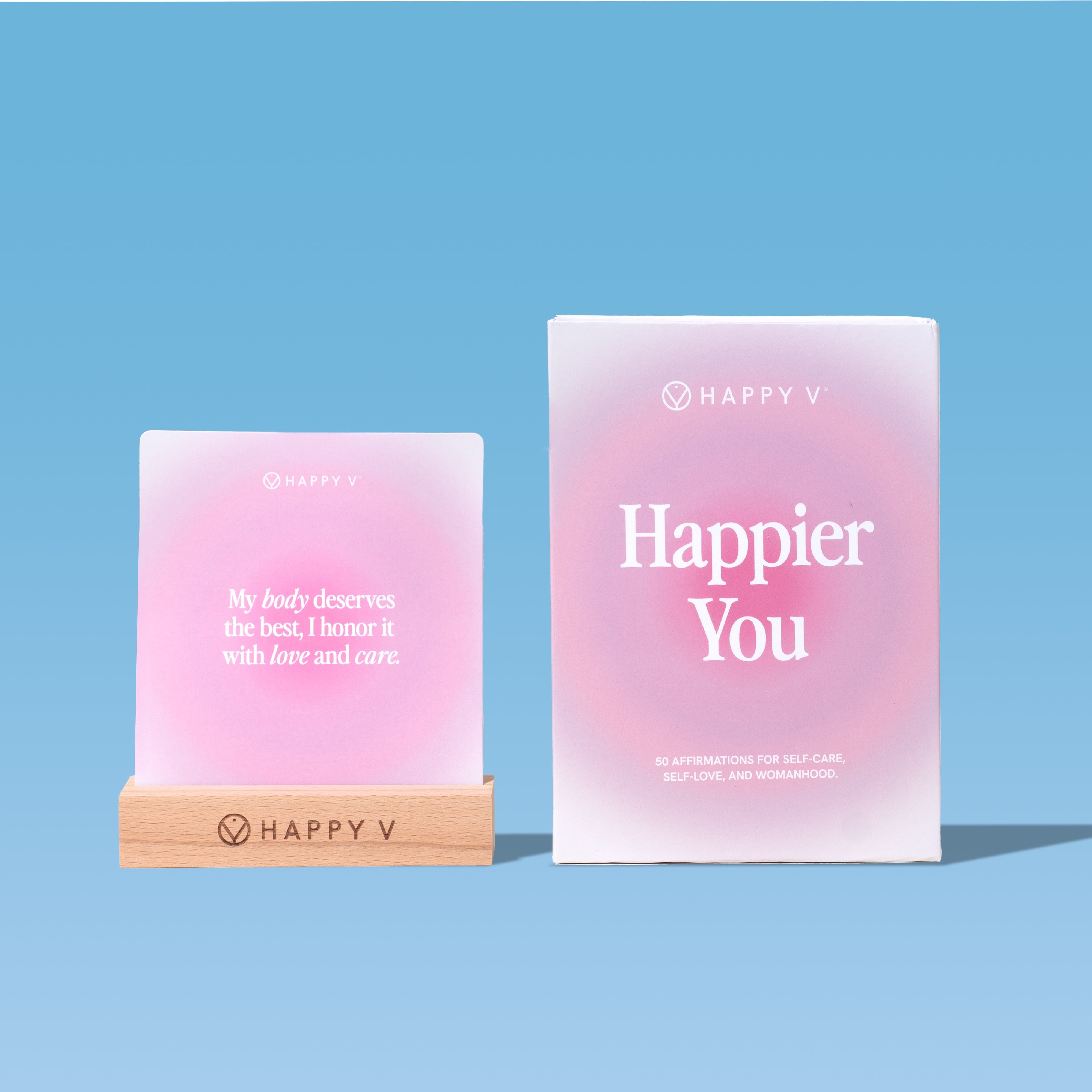 Happy V affirmation cards for women's wellness displayed on a calming blue background.