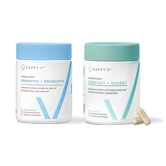 Happy V probiotic and debloat supplement bottles surrounded by scattered capsules.