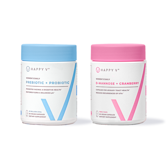 Happy V probiotic and D-mannose supplement bottles with clean white packaging on a transparent background.
