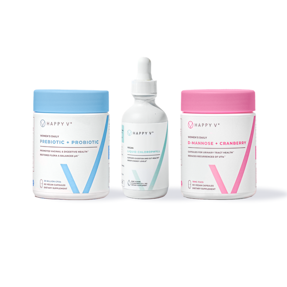 Happy V supplement bottles and dropper on a clean transparent background, promoting feminine wellness.