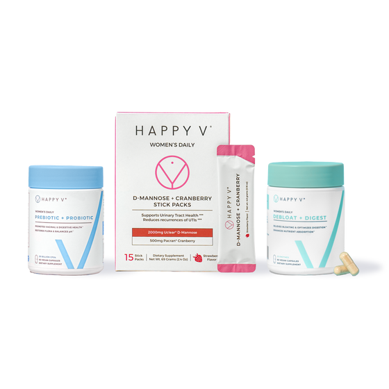 Happy V supplements including D-Mannose packs with clean, feminine packaging for urinary health.