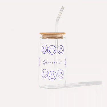 Glass jar with wooden lid featuring smiley faces, symbolizing Happy V's cheerful branding.