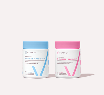 Happy V prebiotic and D-mannose supplement bottles displayed on a clean, minimalist background.