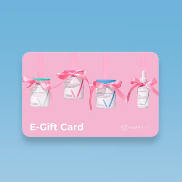 Pink Happy V e-gift card featuring supplement bottles and decorative bows for feminine wellness.