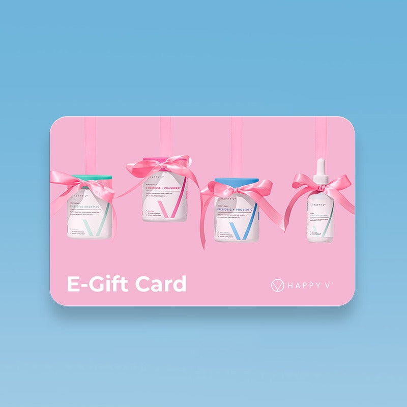 Pink Happy V e-gift card featuring supplement bottles and decorative bows for feminine wellness.