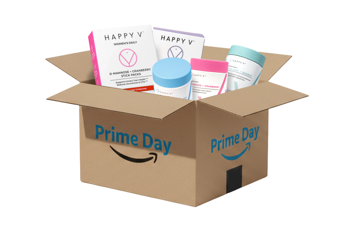 Cardboard box labeled "Prime Day" containing Happy V women's wellness products and supplements.