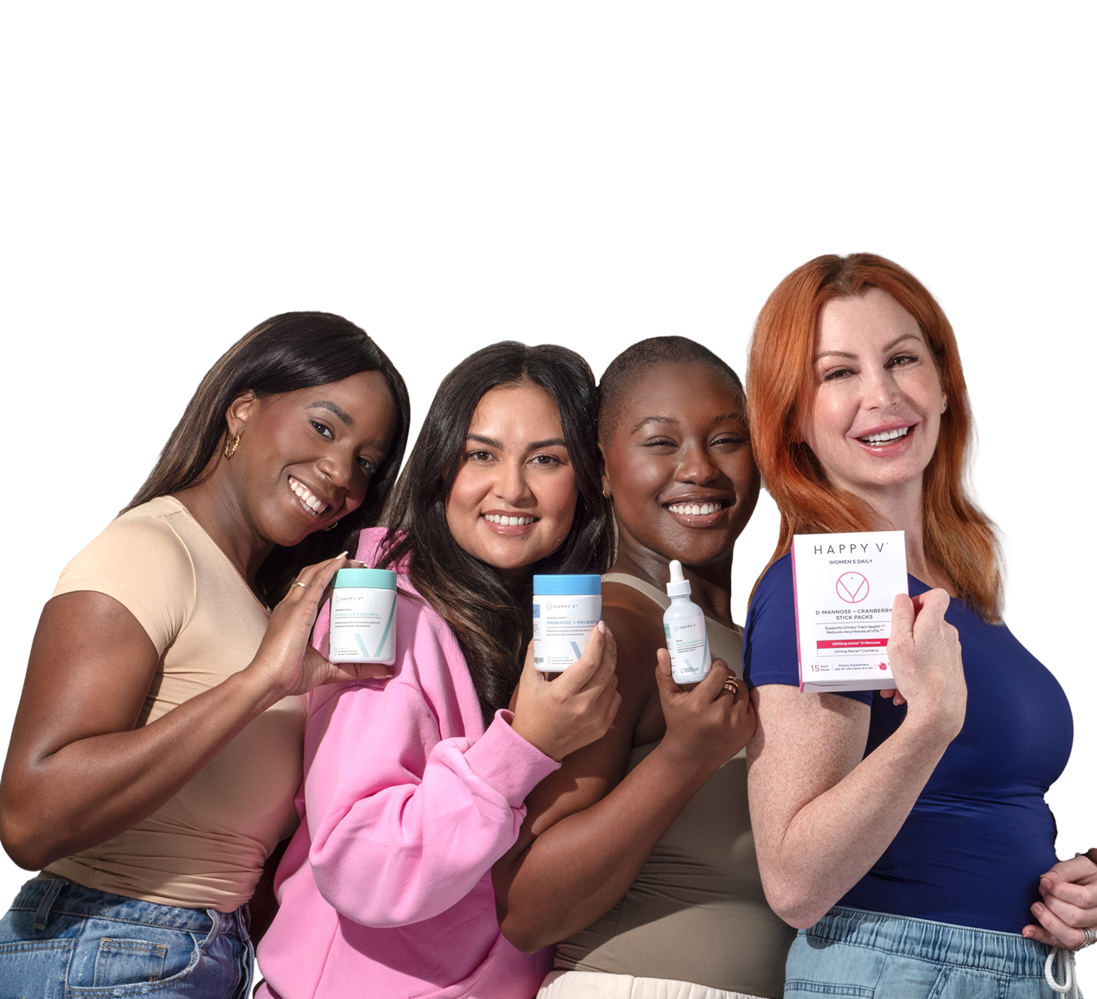 Four women hold various Happy V wellness products, showcasing supplements for women's health.