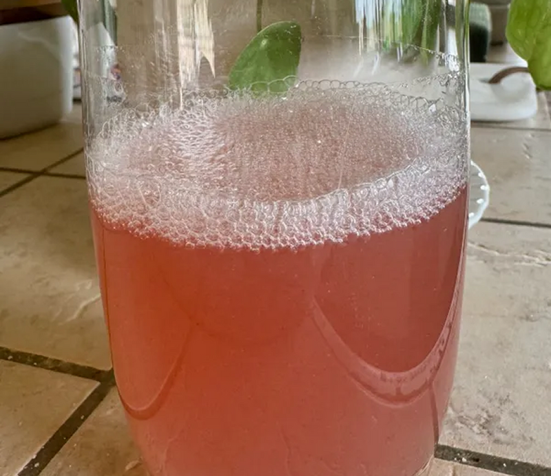 A clear glass jar filled with a pink fizzy drink, showcasing bubbles and a green leaf garnish.
