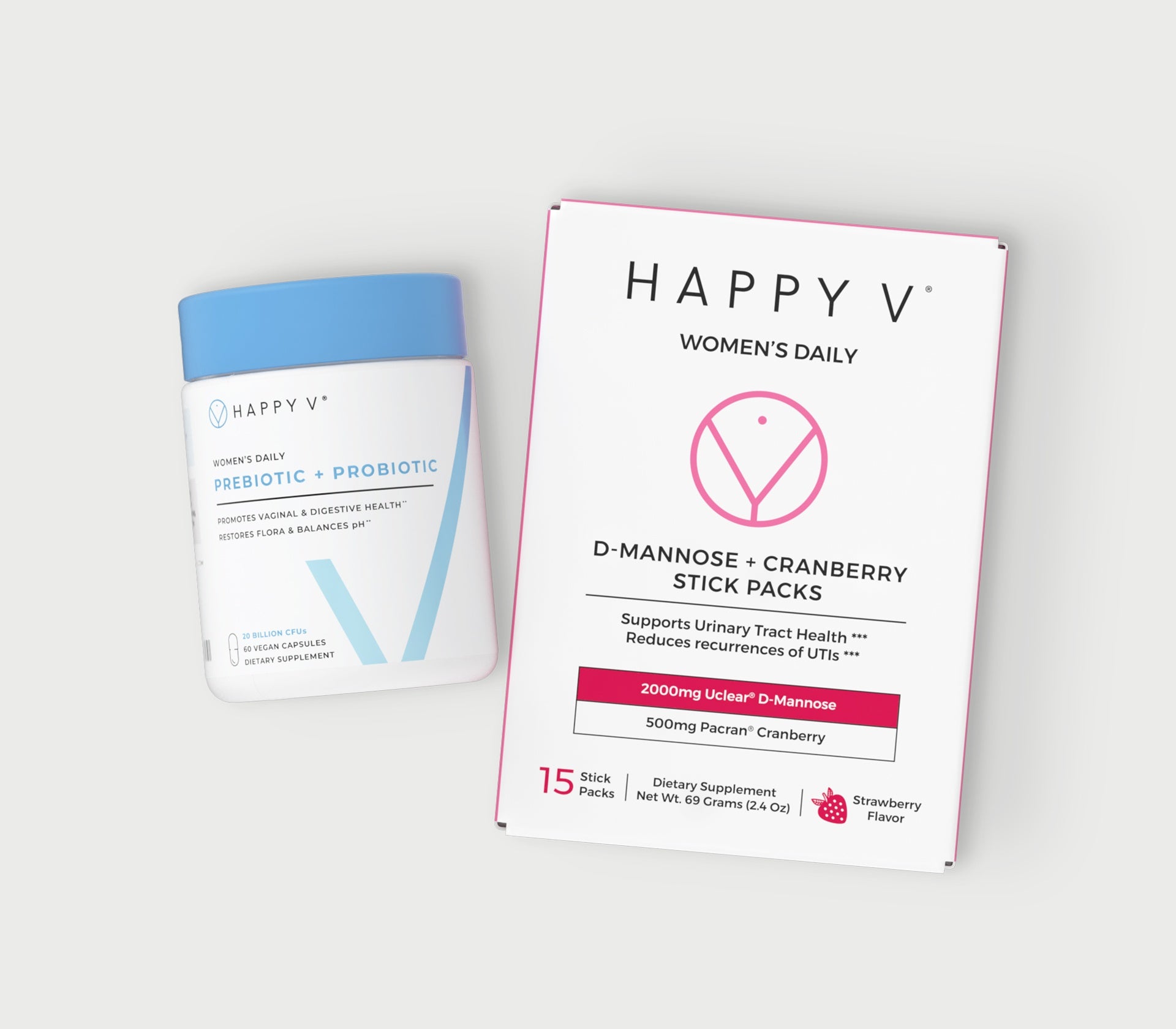 The Happy V Happiest V Kit includes Happy V Prebiotic and Probiotic Supplements, as well as Happy V D-mannose and Cranberry Stick Packs.