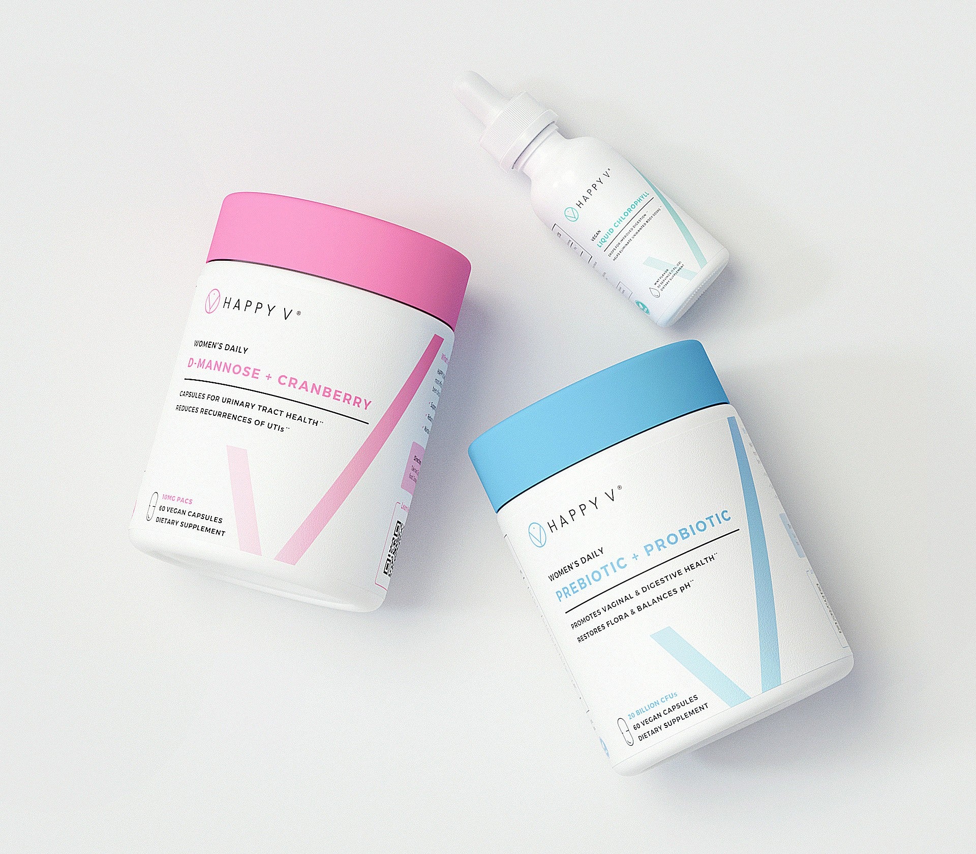 The Happy V Refresher Kit includes Happy V Prebiotic and Probiotic Supplements, Happy V D-mannose and Cranberry supplements, and Happy V Liquid Chlorophyll.