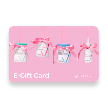 E-Gift card featuring Happy V products with pink ribbons on a transparent background.